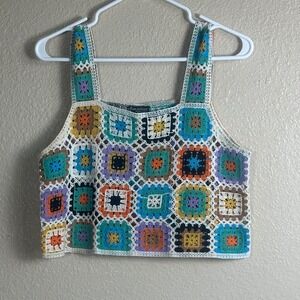 Ciao Milano Crochet Granny Square Crop Top Boho Festival Multicolored